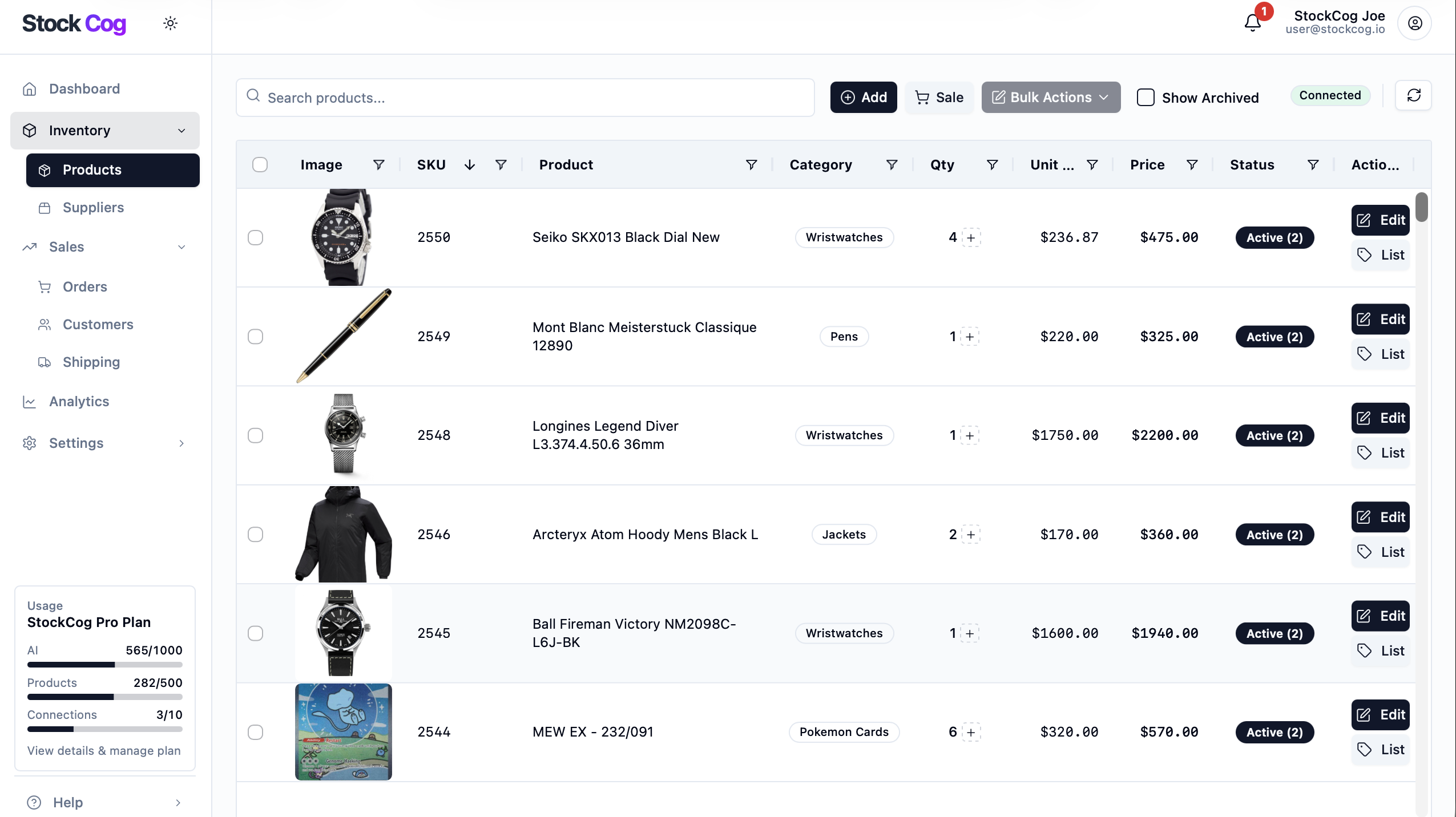 StockCog Products Grid - Powerful inventory management interface